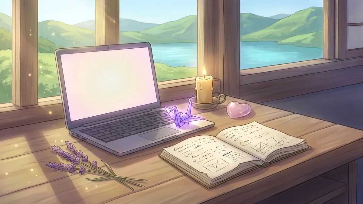 A sunny writing desk with a laptop, a handwritten notebook, a candle, a rose quartz heart, lavender and a glowing paper crane.