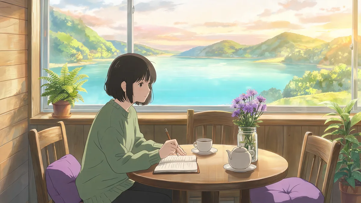 A woman in a green sweater writes in a notebook at a small round table by a large window over a turquoise lake and green hills, with tea, violet asters and an empty chair with a violet cushion across from her.