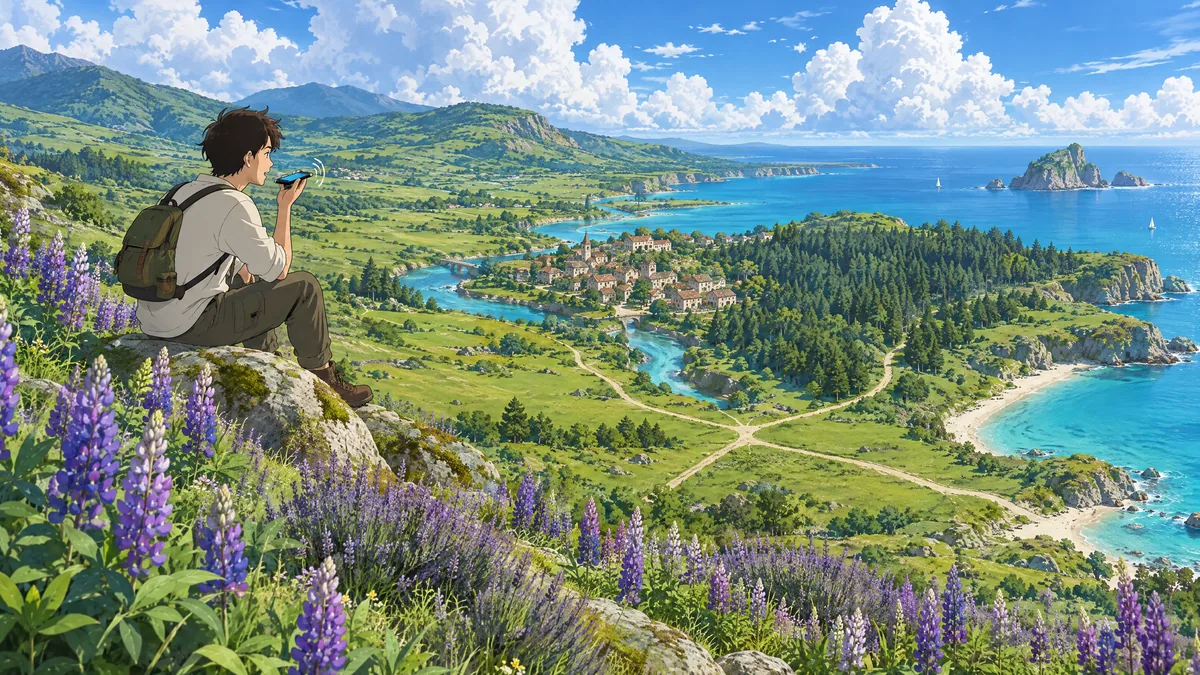 A young man with a backpack sits among violet lupines on a hilltop, recording a voice note on his phone, above a green valley where paths lead to a village, a forest and a turquoise bay.