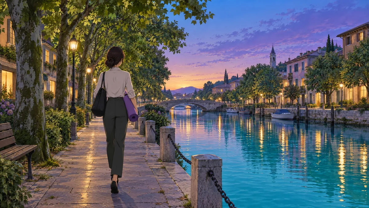 At blue hour, a woman in office clothes walks home along a tree-lined promenade by a turquoise canal, a work bag on her shoulder and a violet meditation mat under her arm.