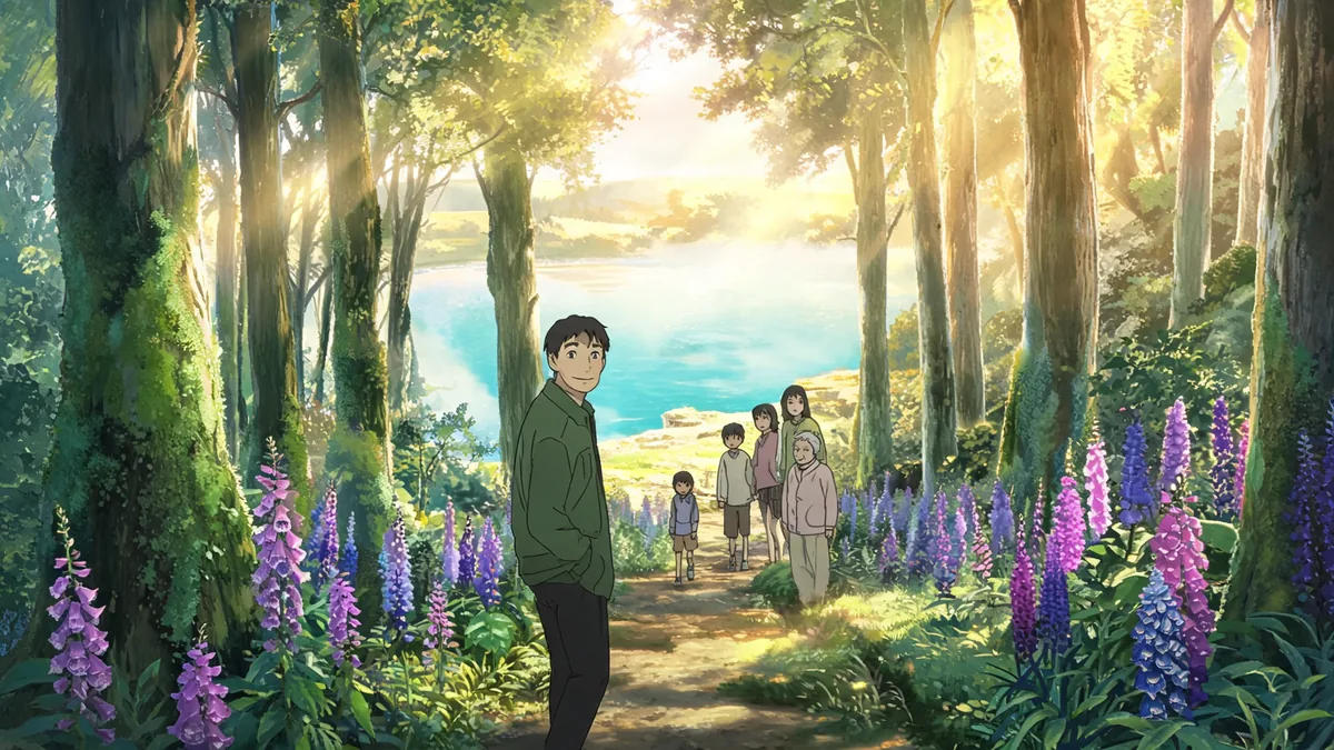 A man in a moss-green jacket walks a few steps ahead of a small group of people of different ages on a forest path lined with violet foxgloves, turning back to them with a calm smile, a turquoise lagoon ahead.