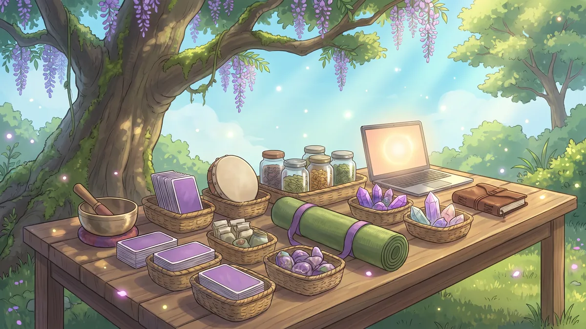 A garden table under a tree with many small offerings in woven baskets: a singing bowl, cards, a drum, herbal teas, crystals and a laptop.