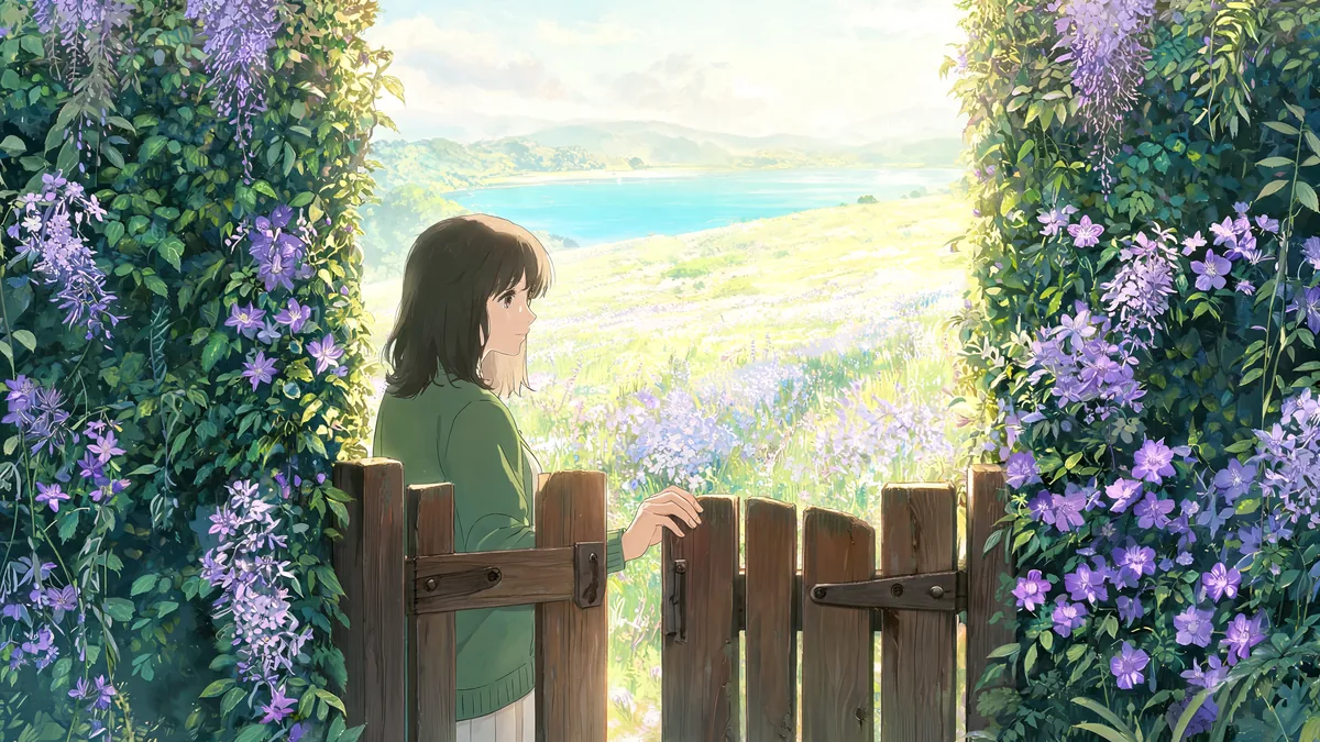 A woman in a green cardigan rests her hand on a narrow wooden garden gate set in a hedge of violet clematis and wisteria, looking out over a wide meadow of wildflowers that runs down to a turquoise lagoon.