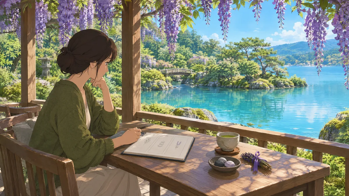 A woman in a green cardigan sits in a wisteria-covered garden pavilion by a turquoise lagoon, looking at a notebook with three columns, with tea, a dish of stones and a violet-ribboned bundle.