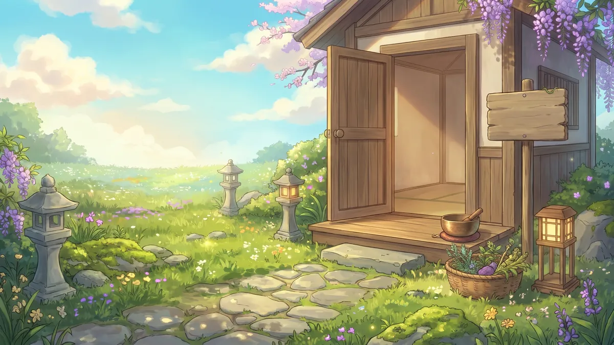An open wooden door of a small practice room at the edge of a meadow, with a stone path, lanterns, herbs and a singing bowl.