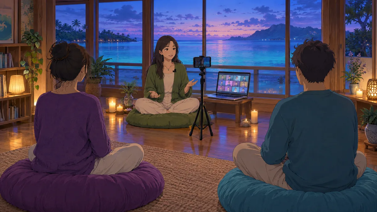 A twilight hybrid circle in a wooden room by a lagoon: a woman with a clip-on mic leads from a green cushion facing a phone on a tripod and a laptop with online guests, two guests on violet and blue cushions.