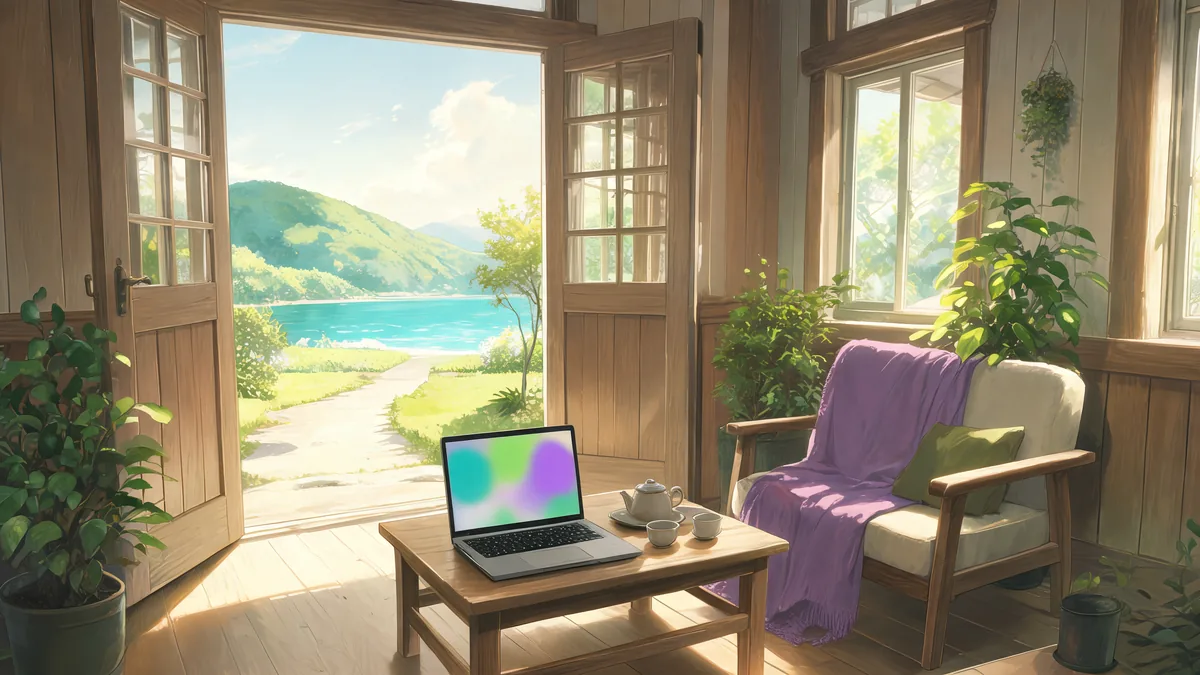 A tidy, sunlit wooden room with its door wide open onto a path to a turquoise bay, a laptop and a teapot with two cups on a low table, and an armchair with a violet throw among green plants.