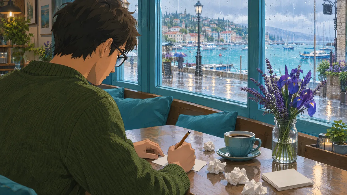 A man in a green sweater rewrites a line on a small card in a café with blue window frames on a rainy afternoon, with crumpled drafts, coffee and violet irises and lavender, a harbor outside.