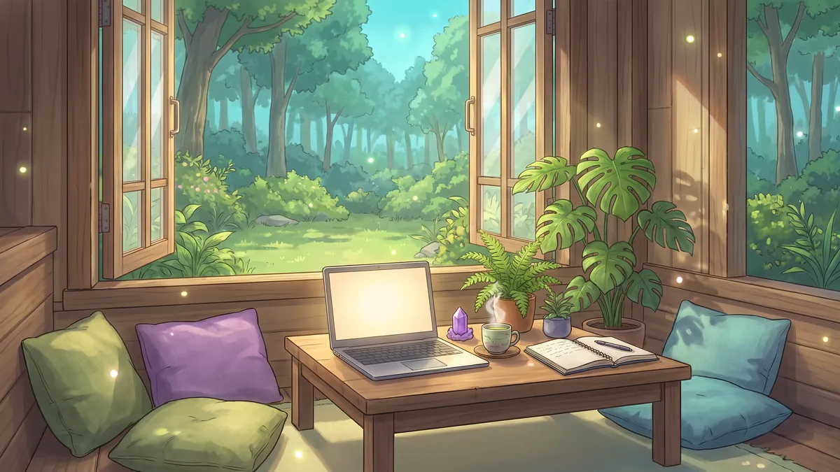 A bright wooden room with an open window onto a green garden, a laptop, green tea, a notebook and cushions around a low table.