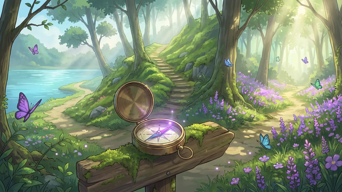 An old brass compass on a mossy signpost at a fork in a forest path, with trails leading to a lake, a hill and a meadow of violet flowers.
