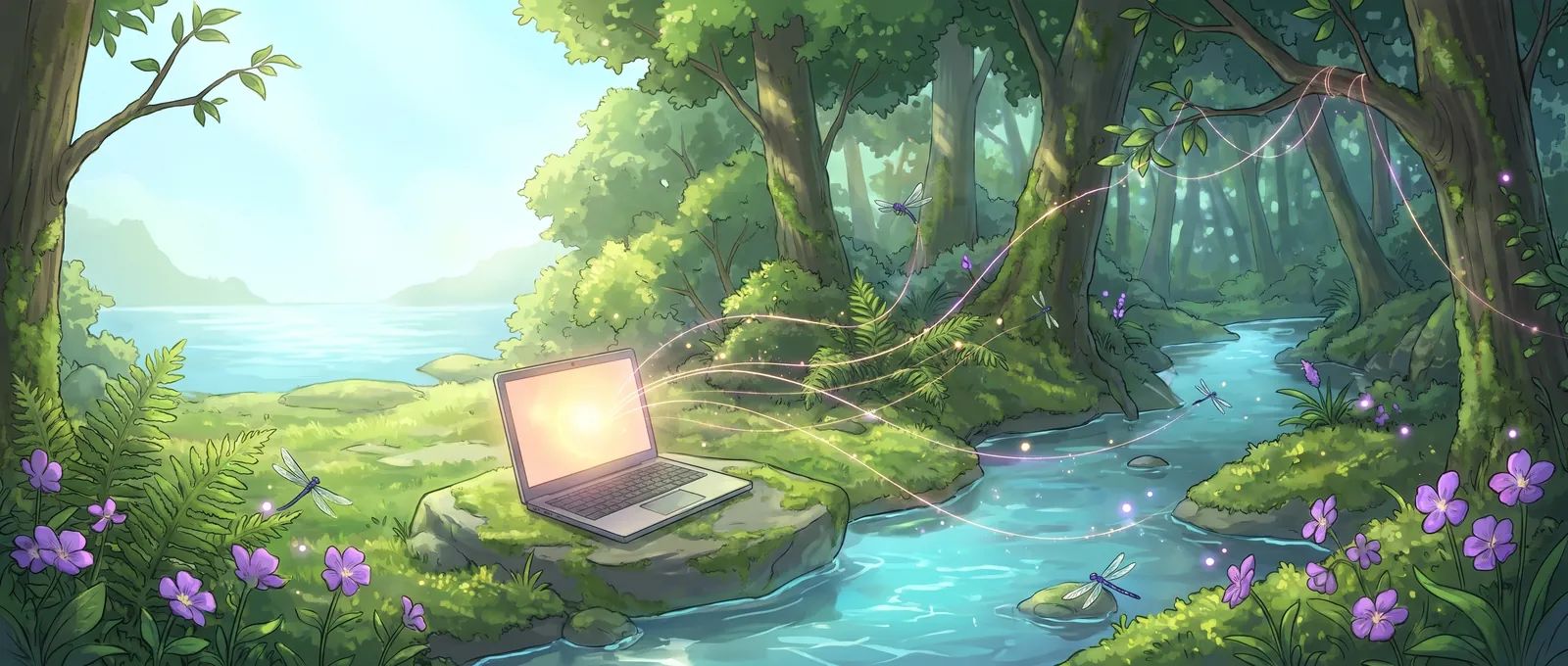 A clear stream flows from a mossy forest; an open laptop on a stone sends soft threads of light into the trees and water.